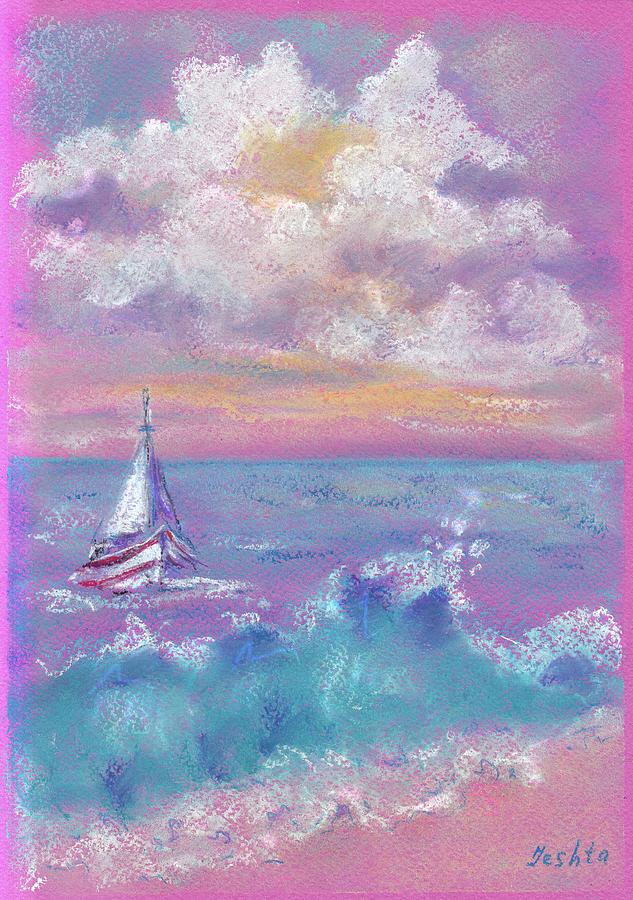 Summer Pastel - Sailing ship at pink sunset. by Elena Sysoeva