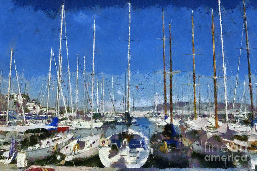 Sailing yachts in Mikrolimano port Painting by George Atsametakis
