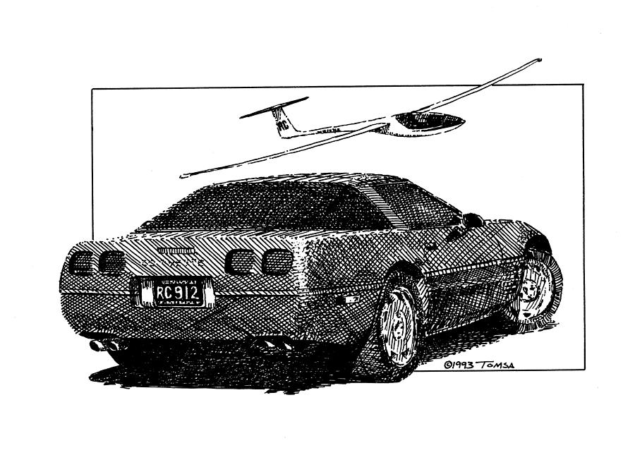 Sailplane and Vette Drawing by Bill Tomsa