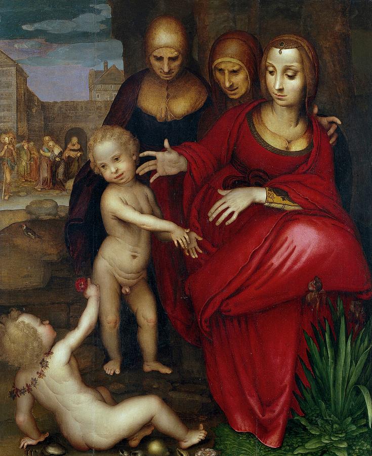 Saint Anne, the Virgin, Saint Elisabeth, Saint John and the Chil... Painting by Fernando Yanez de la Almedina -c 1480-1536-