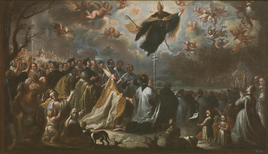 Saint Augustine vanquishing the Plague of Locusts. 1734. Oil on canvas. Painting by Miguel Jacinto Melendez -1679-1734-