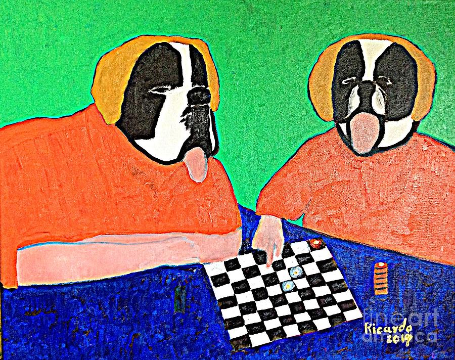 Saint Bernard Checkers She beat him at his own game Painting by Richard W Linford