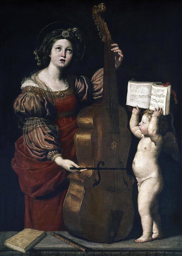 Saint Cecilia with an Angel Holding a Musical Score, ca. 1617-1618, Oil on canvas, 160 x 120 cm. Painting by Domenico Zampieri -1581-1641-