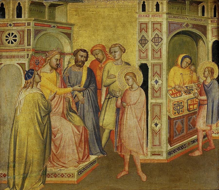 Saint Eloy before King Clotaire, ca. 1370, Italian S... Painting by Maestro de la Madonna de la Misericordia -b c 1350-