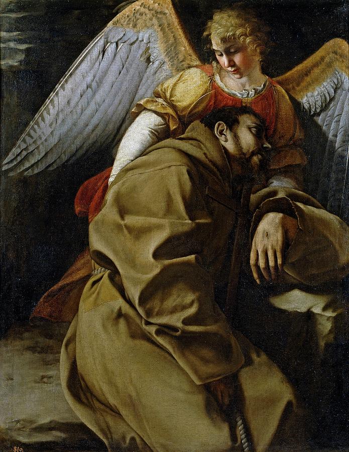 Saint Francis held by an Angel, ca. 1607, Italian School, Oil on ... Painting by Orazio Gentileschi -1563-1639-