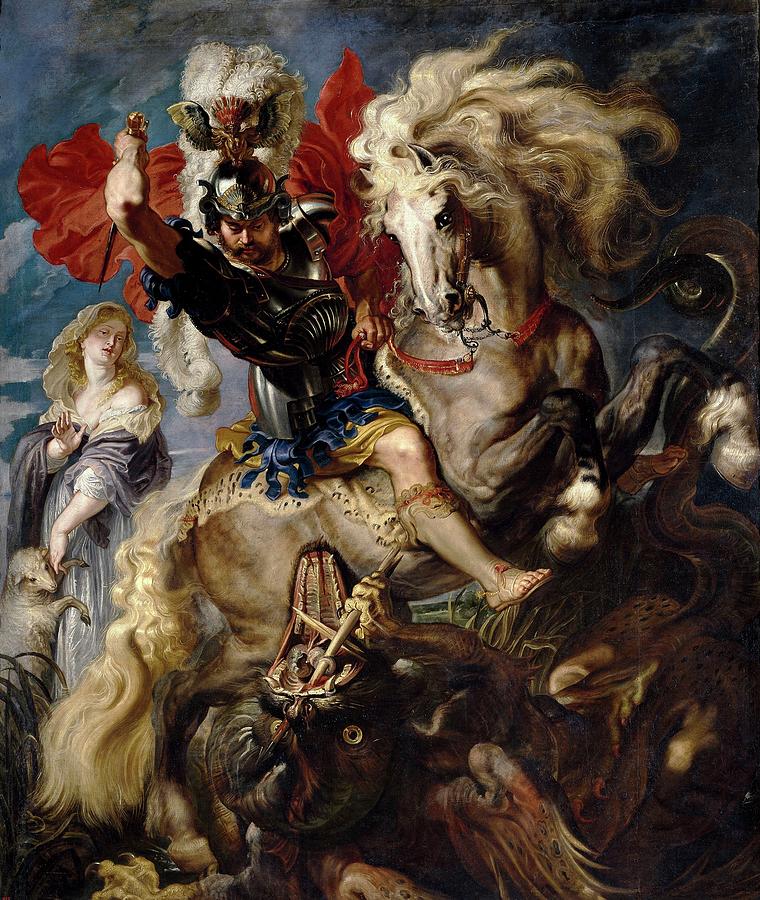 Saint George Battles the Dragon, 1606-1608, Flemish School, Oil on canvas,... Painting by Peter Paul Rubens -1577-1640-