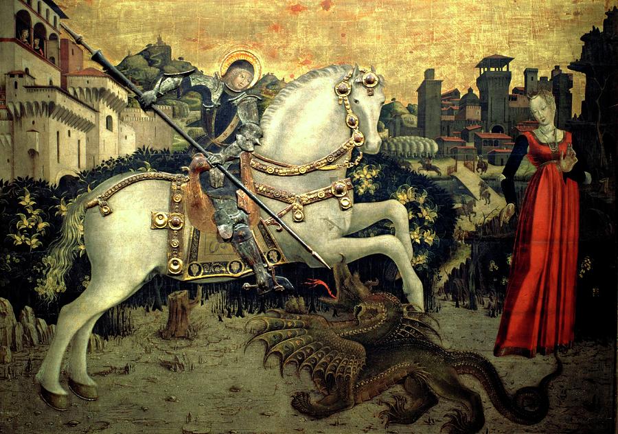Saint George protecting princess from dragon, c.1470, Lombard school, Tempera on wood. anonymous. Painting by Album