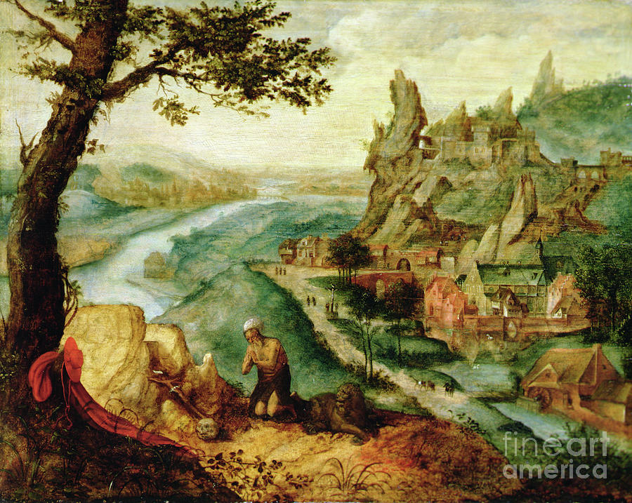 Saint Jerome In A Landscape Oil On Wood Painting by Lucas Van Gassel ...