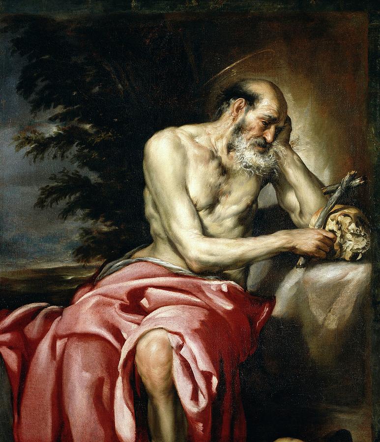 Saint Jerome in Penitence, Middle 17th century, Spanish School, Oil on canvas, 128... Painting by Diego Polo -c 1610-c 1655-