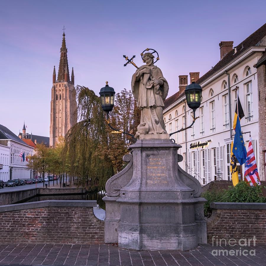 Saint Joannes Nepomucenus Statue at dawn, Bruges, Belgium Photograph by Philip Preston