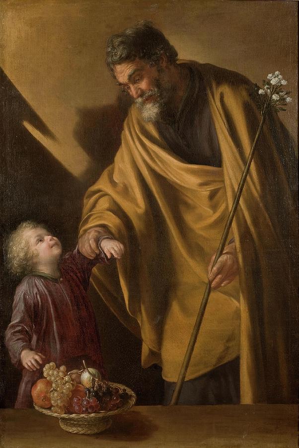Grape Painting - Saint Joseph with the Christ Child. Ca. 1650. Oil on canvas. by Sebastian Martinez