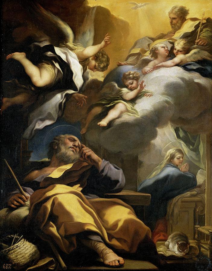 Saint Josephs Dream, ca. 1697, Italian School, Oil on panel, 62 cm x 48 cm, P... Painting by Luca Giordano -1634-1705-