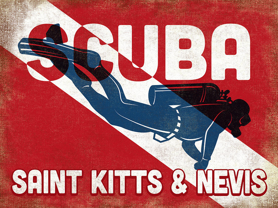 Saint Kitts Digital Art - Saint Kitts Evis Scuba Diver - Blue Retro by Flo Karp Saint Kitts Digital Art - Saint Kitts Evis Scuba Diver - Blue Retro by Flo Karp