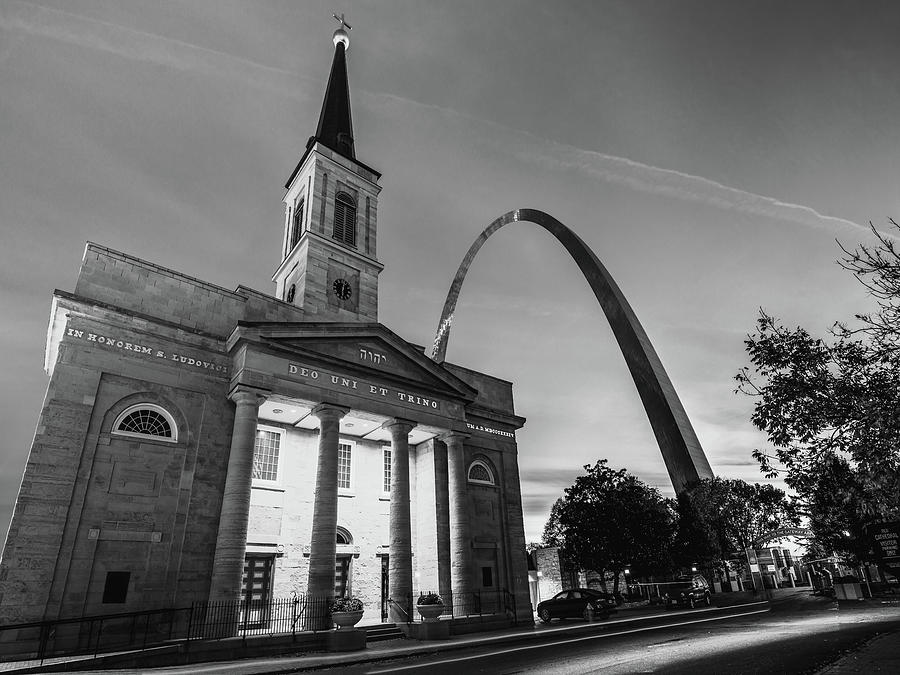 Saint Louis Gateway Arch And Cathedral At Dawn In Monochrome Photograph