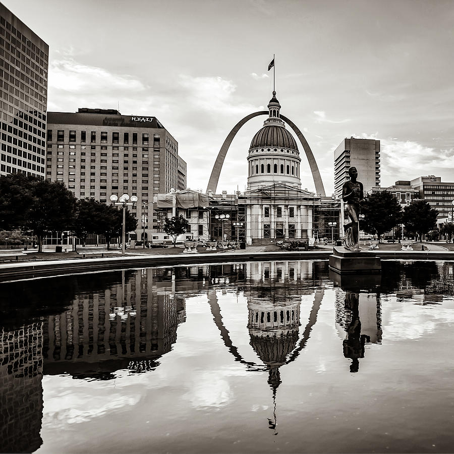 America Photograph - Saint Louis Gateway Arch Reflections - Square Sepia Edition by Gregory Ballos