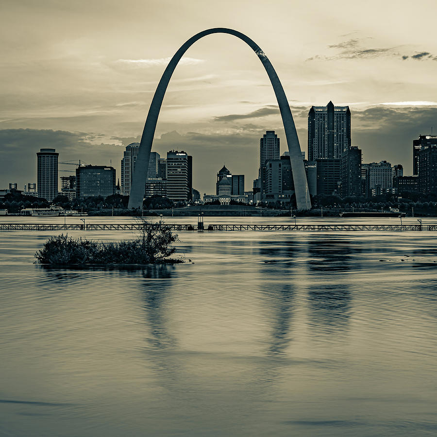 America Photograph - Saint Louis Gateway Arch Skyline Over The Mississippi River - Sepia 1x1 by Gregory Ballos