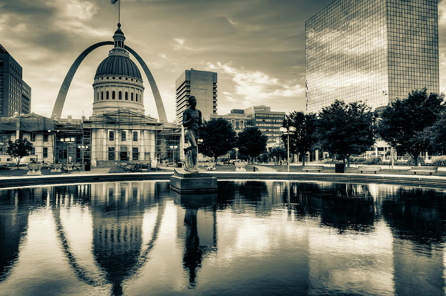 Saint Louis Skyline And Gateway Arch In Sepia Photograph
