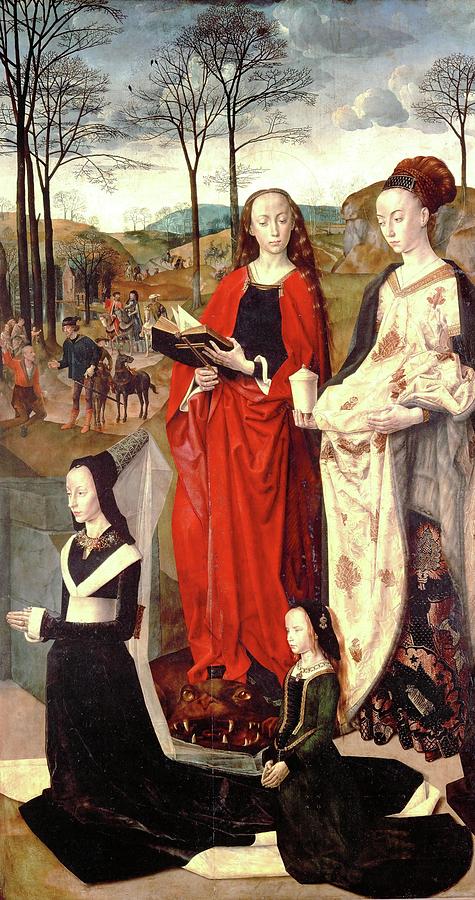 Saint Margaret and Saint Mary Magdalen with Maria Portinari and her daughter. HUGO VAN DER GOES . Painting by Hugo van der Goes -c 1420-1482-