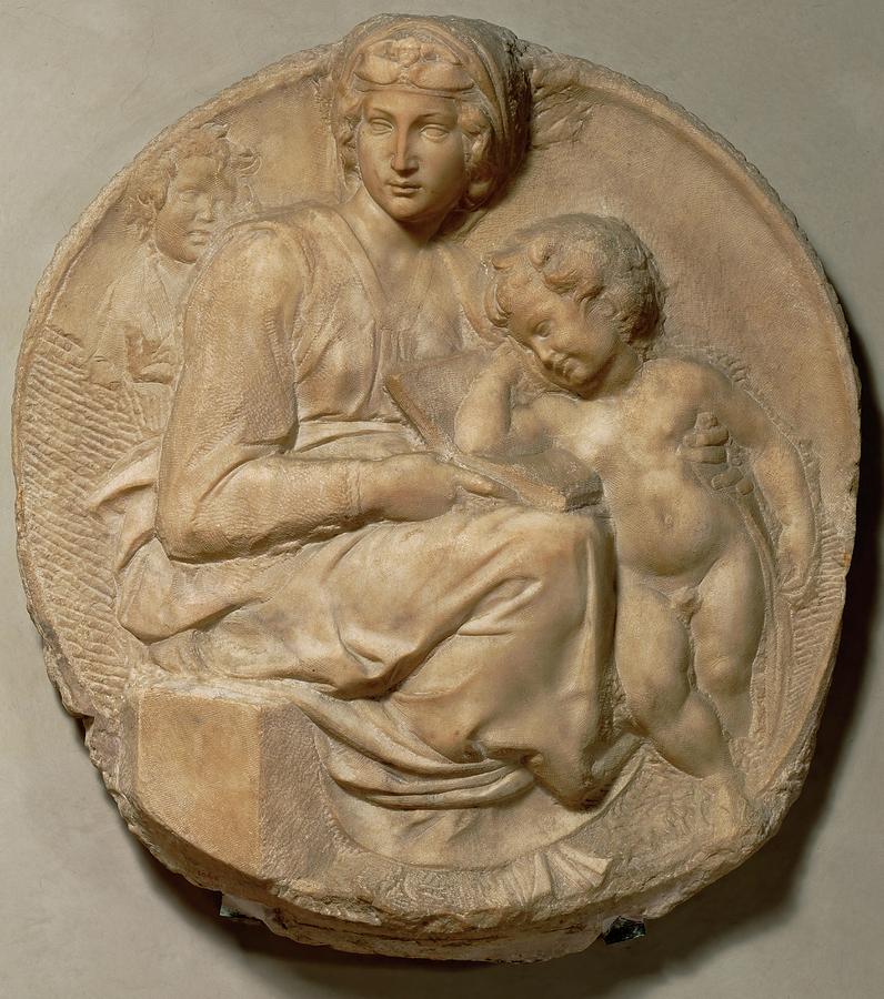 Saint Mary and child with young Saint John Baptist, andquot, Tondo Pittiandquot,,1503. Marble,Inv.93 Painting by Michelangelo -1475-1564-