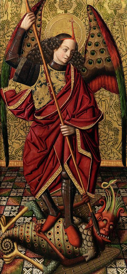 Saint Michael, 1475-1485, Spanish School, Mixed media on panel, 140 cm x 75 cm... Painting by Miguel Ximenez -d 1505-