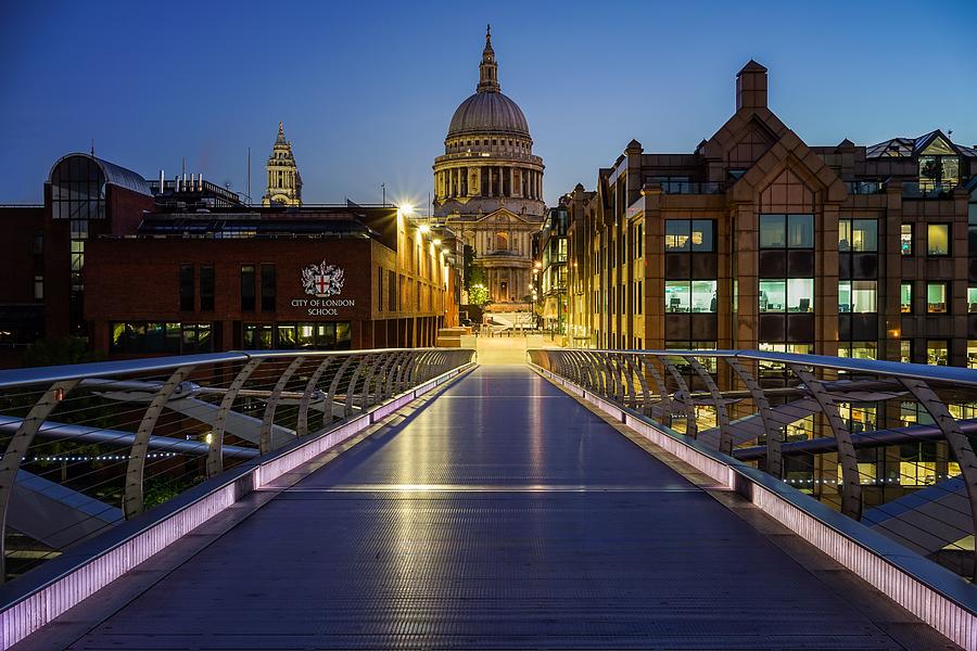 Saint Pauls Cathedral In London, England, Seen From Millennium Bridge At Blue Hour. Photograph