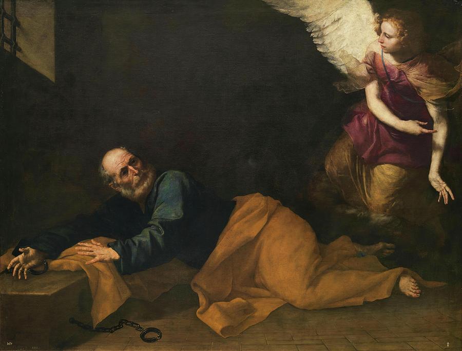 Saint Peter Freed by an Angel, 1639, Spanish School, Oil on canvas, 177 cm x 2... Painting by Jusepe de Ribera -1591-1652-