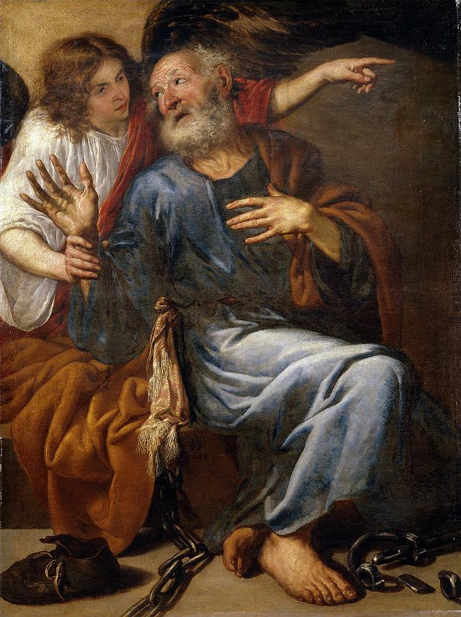 Saint Peter Freed by an Angel, 1643, Spanish School, Oil on canva... Painting by Antonio de Pereda -c 1611-1678-