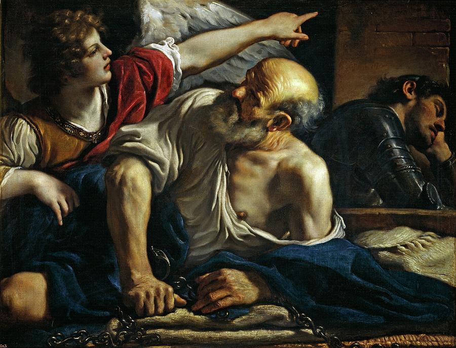 Saint Peter Freed by an Angel, ca. 1622, Italian School, Oil on canvas, 105 cm x 13... Painting by Giovanni Francesco Barbieri -1591-1666-