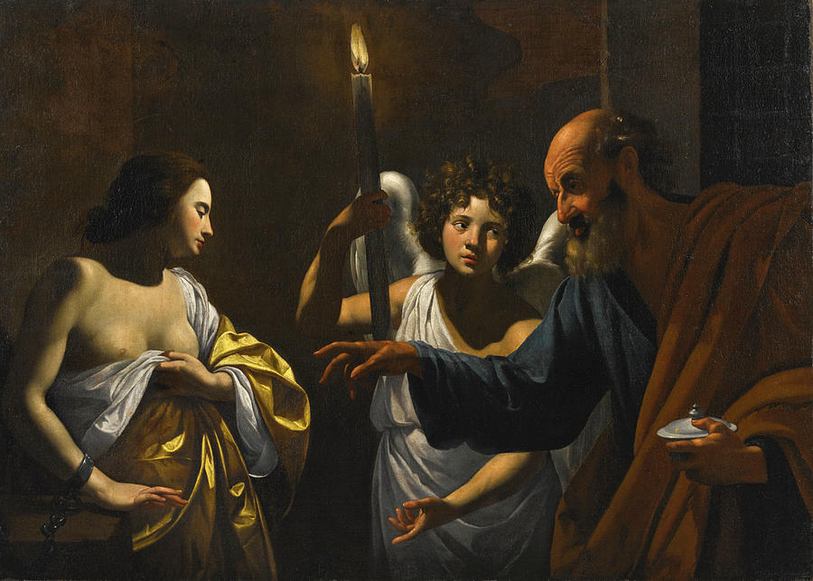 Saint Peter visiting Saint Agatha in Prison Painting by Workshop of Simon Vouet