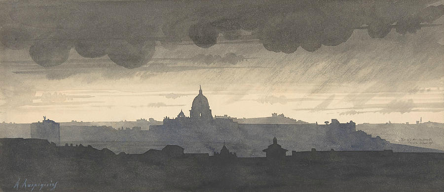 Saint Peters Seen From the Pincio, Rome Drawing by Henri Harpignies