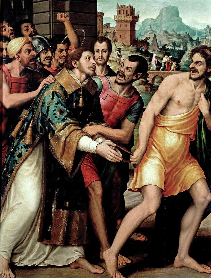 Bridge Painting - Saint Steven led to his Martyrdom, ca. 1562, Spanish School, Oil on panel, 16... by Vicente Juan Masip -c 1507-1579-