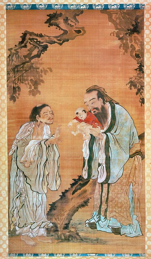 Sakgamuni, Confucius and Lao Tzu, Chinese painting on silk, 18th century. CONFUCIO. Painting by Album