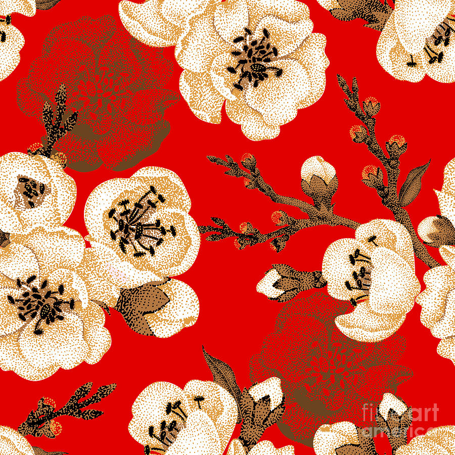 Beauty Digital Art - Sakura Branch On Red Background Vector by Mamita Beauty Digital Art - Sakura Branch On Red Background Vector by Mamita