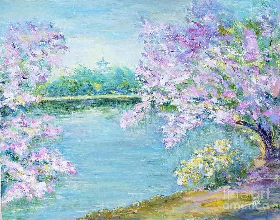 Sakura is in a beautiful park of Japan Painting by Olga Malamud-Pavlovich