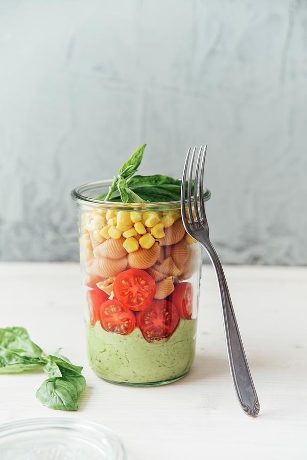 Salad In A Jar, Avocado Sauce with Garlic + Basil, Tomato, Buckwheat + Lentil Pasta, Corn, Vegan Photograph by Ina Peters