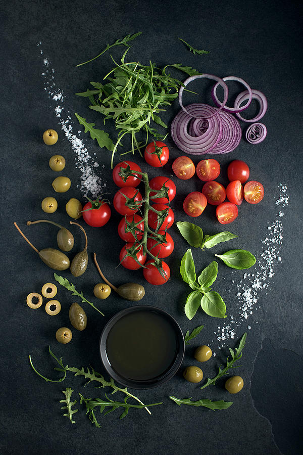 Salad Ingriedients With Sea Salt And Olive Oil Photograph by Magdalena Hendey