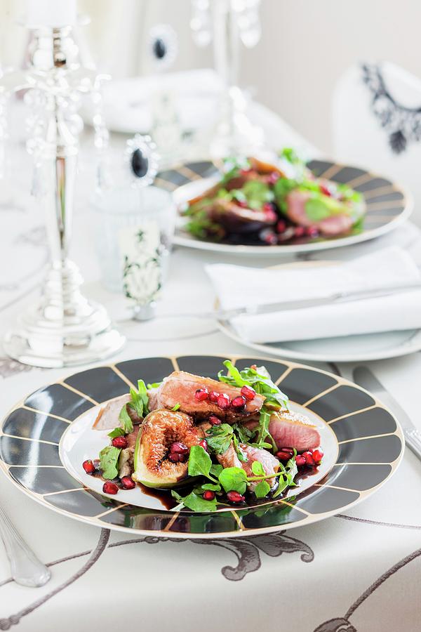 Salad Made With Duck Breast, Figs And Pomegranate Seeds Photograph by Andrew Young