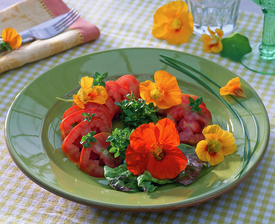 Salad With Edible Flowers, Tropaeolum, Origanum Photograph by Friedrich Strauss