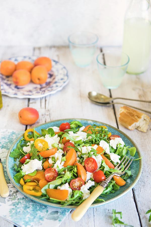 Salad With Fresh Apricots And Mozzarella Cheese, Rocker, Peppers And Cherry Tomatoes Photograph by Magdalena Hendey