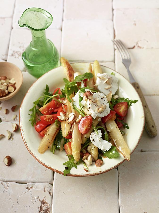 Salad With Fried Asparagus, Goats Cheese, Rocket And Tomatoes Photograph by Nikolai Buroh