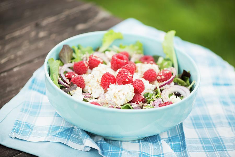 Salad With Goats Cream Cheese, Raspberries And Sesame Seeds Photograph by Fotografie-lucie-eisenmann