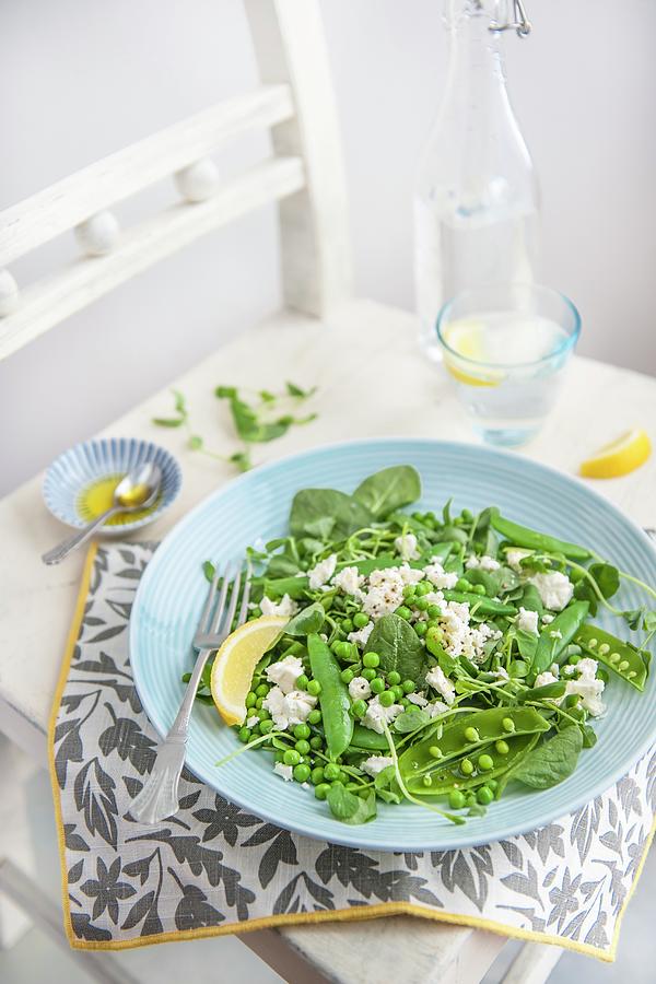 Salad With Peas, Peashots, Beans And Feta Cheese With Olive Oil And Lemon Photograph by Magdalena Hendey
