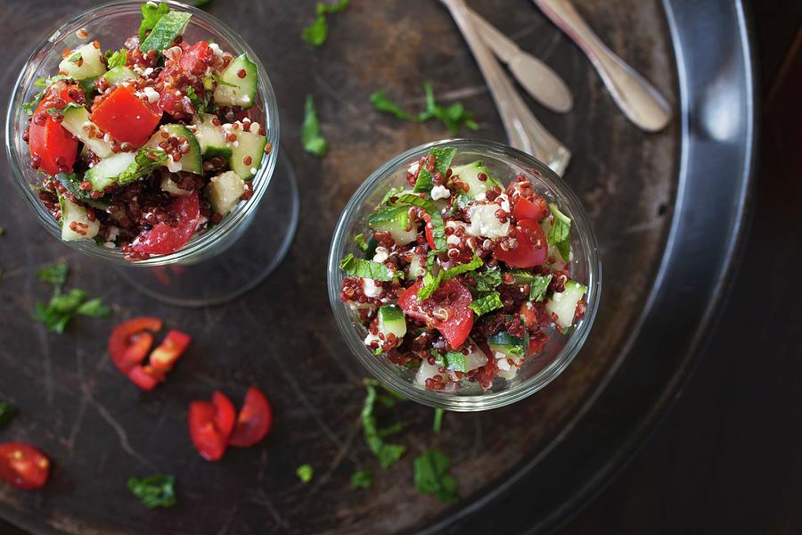 Salad With Red Quinoa, Tomatoes, Cucumber, Feta Cheese And Mint Photograph by Katharine Pollak