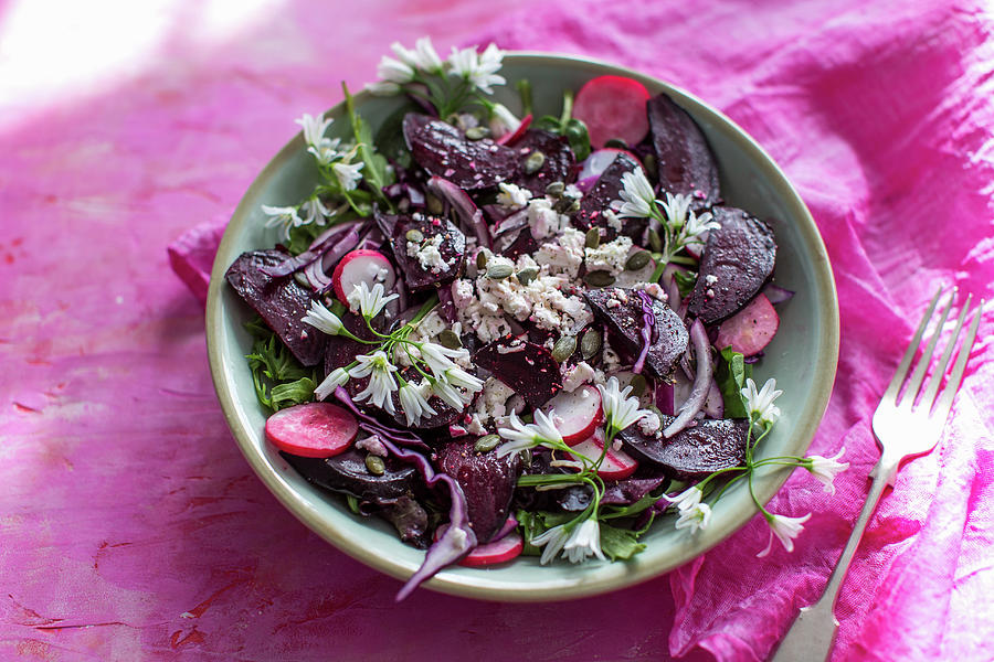 Salad With Roasted Beetroot, Feta Cheese, Radish, Red Cabage, Red Onion, Sunflower Seeds And Wild Garlic Flowers Photograph by Lara Jane Thorpe