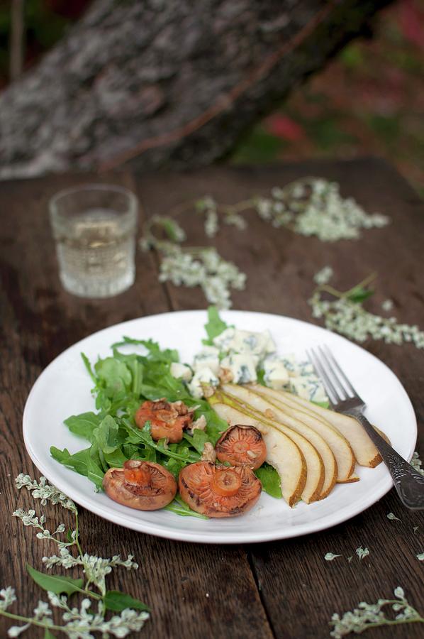 Salad With Rocket, Wild Mushrooms, Blue Cheese, Pear And Walnuts Photograph by Kachel Katarzyna
