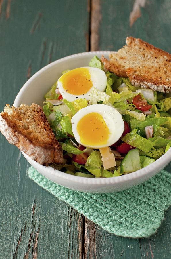 Salad With Soft Boiled Egg And Slices Of Irish Soda Bread Photograph by Strokin, Yelena