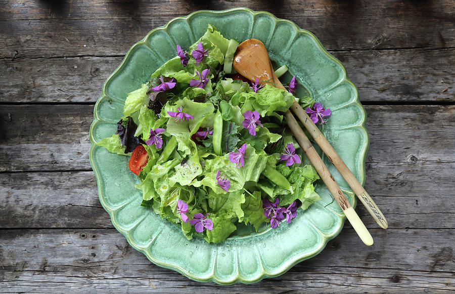 Salad With Vegetable And Rosebay Flowers Photograph by Susanna Rosn