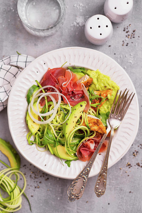 Salad With Zucchini, Chicken, Avocado, Parma Ham And Cucumber Photograph by Karolina Polkowska