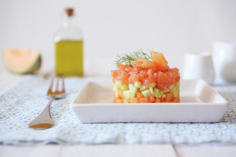Salmon And Cucumber Tartare With Melon, Poppy Seeds And Dill Photograph by Viola Cajo