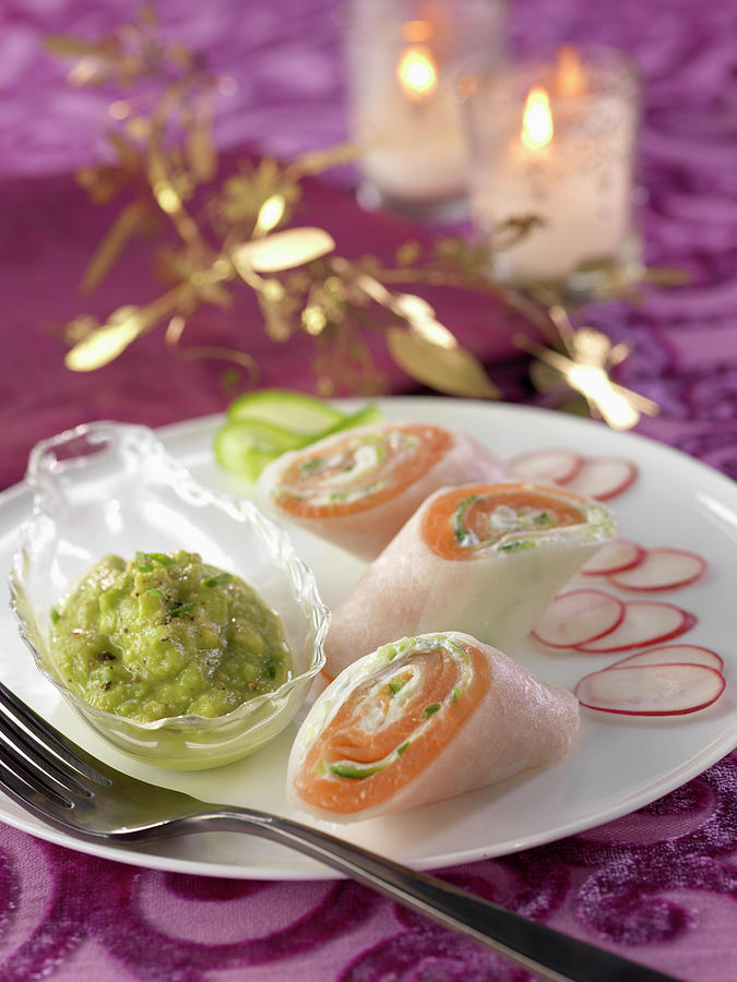 Salmon And Cucumber Wraps With Avocado Cream Photograph by Rivire